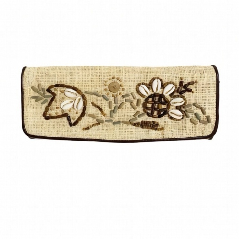 Lord and Taylor Straw Fully Lined Clutch Bag Embroidered and Shell Snap Closure